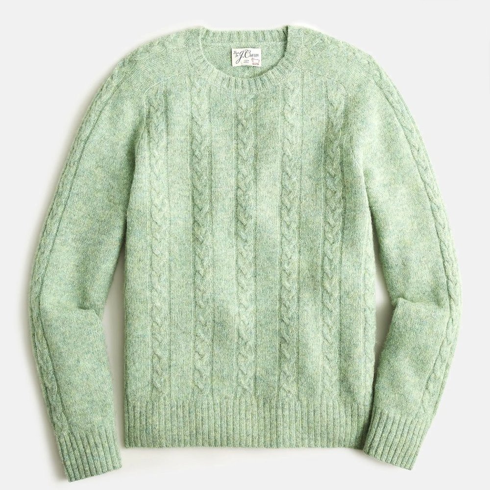 NWT J Crew 100% Wool Brushed Cable Knit Crewneck Sweater in Heather Mint Green